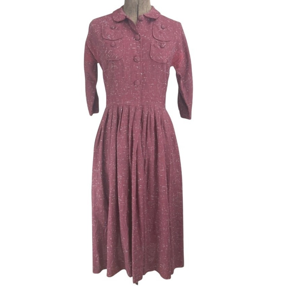 Vintage Womens (S) 40s Day Dress Burgundy Slubbed Cotton Pleated Rockabilly-Flaw